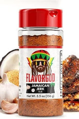 FlavorGod Jamaican Jerk Rub bottle, featuring spices and grilled meat, perfect for authentic Jamaican flavor.