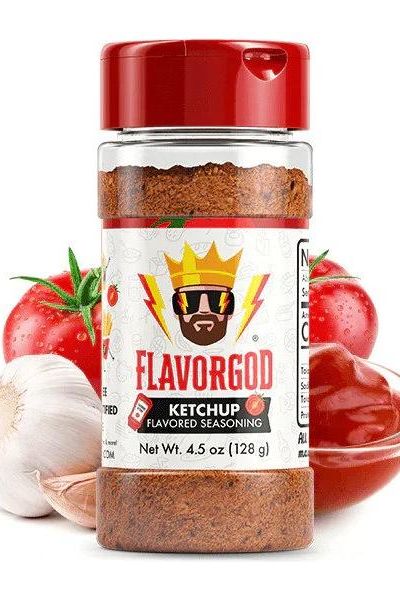 FlavorGod Ketchup Flavored Seasoning bottle with tomatoes and garlic, offering natural ingredients and no added sugar.
