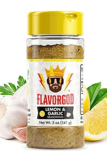 FlavorGod Lemon & Garlic Seasoning bottle with natural ingredients, perfect for enhancing flavors in various dishes.
