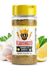 FlavorGod Lemon & Garlic Seasoning bottle with natural ingredients, perfect for enhancing flavors in various dishes.