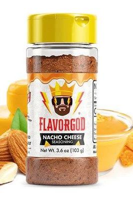 FlavorGod Nacho Cheese Seasoning bottle with bright yellow cap, showcasing a plant-based cheese alternative.