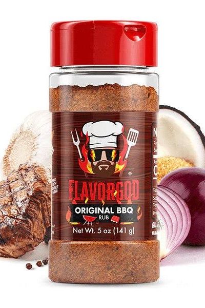 FlavorGod Original BBQ Rub in a container with spices and ingredients, perfect for grilling meats and vegetables.