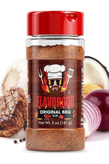 FlavorGod Original BBQ Rub in a container with spices and ingredients, perfect for grilling meats and vegetables.