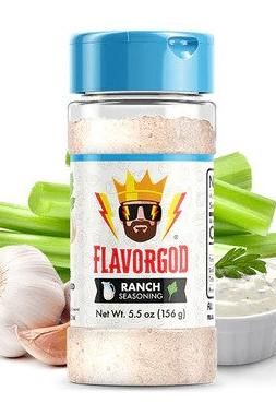 FlavorGod Ranch Seasoning bottle with fresh garlic and celery in the background, 5.5 oz packaging.