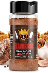 FlavorGod Steak & Chop Rub bottle featuring natural herbs for balanced flavor in cooking.