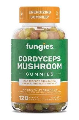 Fungies Cordyceps Mushroom Gummies with mango and pineapple flavors in a bottle for energy and endurance support.