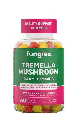 Fungies Tremella Mushroom Gummies bottle, strawberry lemon flavor, beauty support for healthy skin and aging.