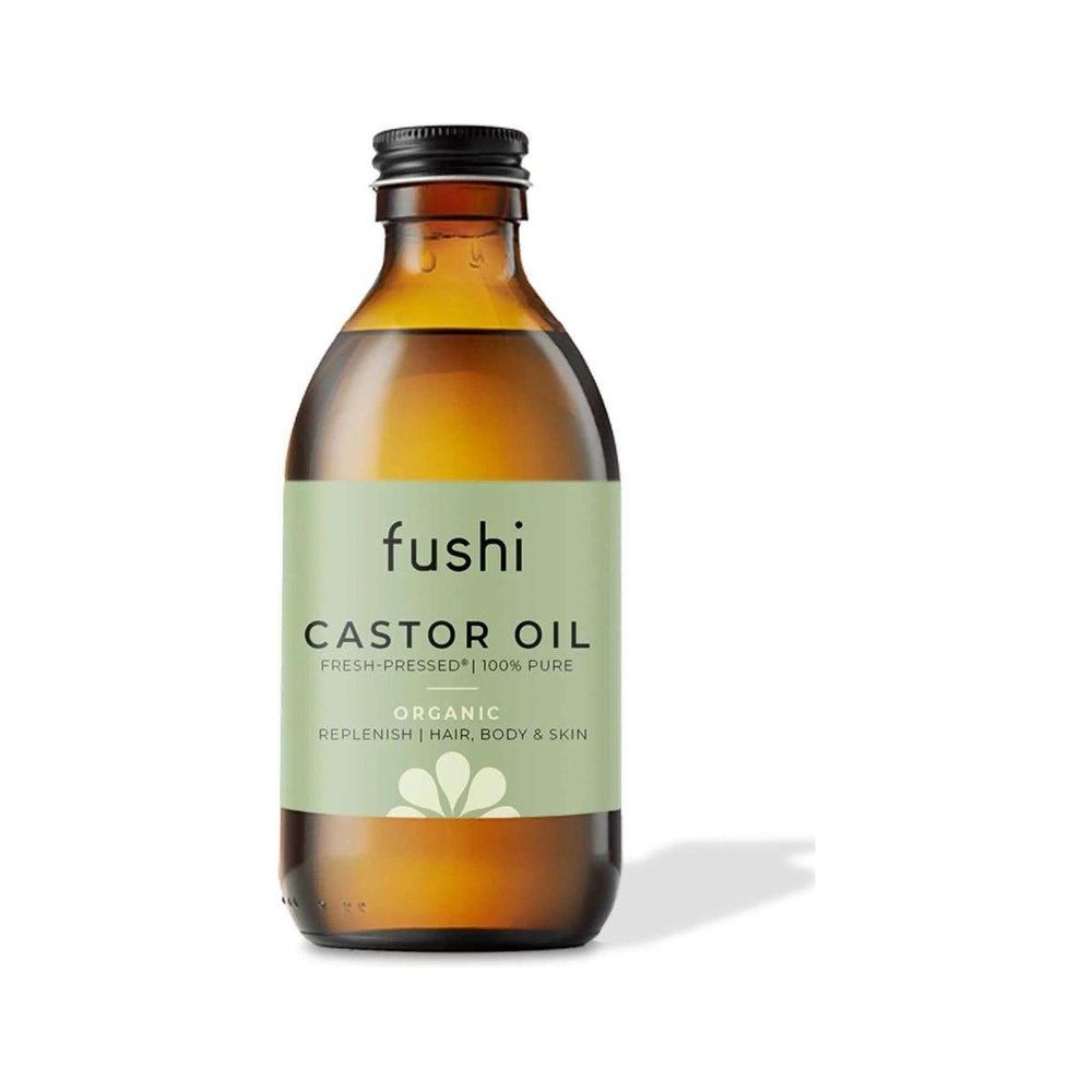 Fushi Castor Oil 250 ml bottle, organic, cold-pressed for hair, body, and skin hydration.