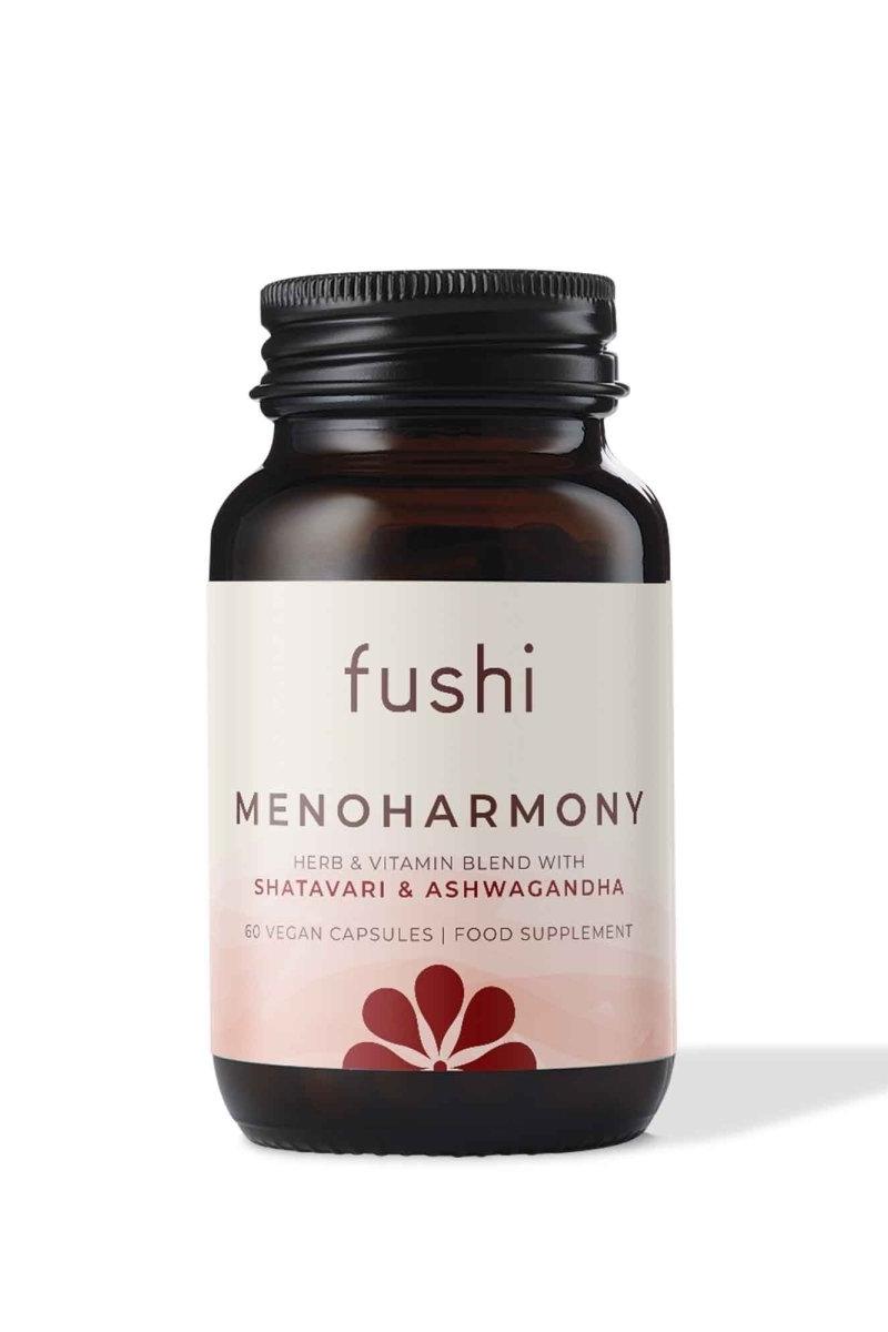 Fushi Meno Harmony supplement bottle with Shatavari and Ashwagandha, 60 vegan capsules for women's wellness.