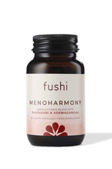 Fushi Meno Harmony supplement bottle with Shatavari and Ashwagandha, 60 vegan capsules for women's wellness.