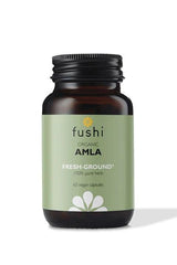 Fushi Organic Amalaki supplement bottle with 60 vegan capsules, rich in vitamin C and antioxidants.