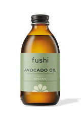 Fushi organic avocado oil bottle, fresh-pressed, nourishing for skin and hair, 100 ml.