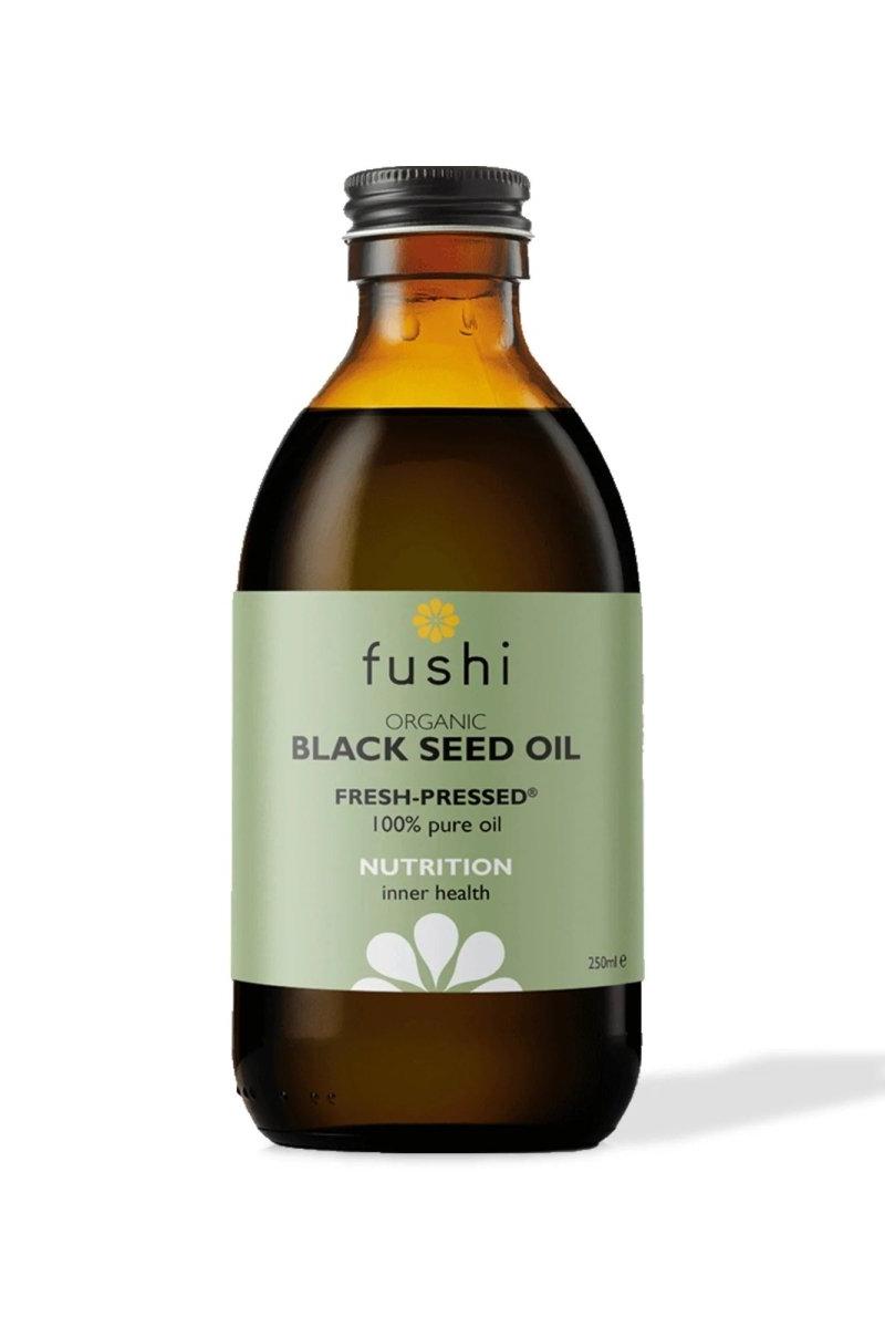 Fushi Organic Black Seed Oil bottle, 250 ml, fresh-pressed for inner health and nutrition.