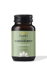 Fushi Organic Burdock Root in a jar, featuring 60 vegan capsules for digestion support.