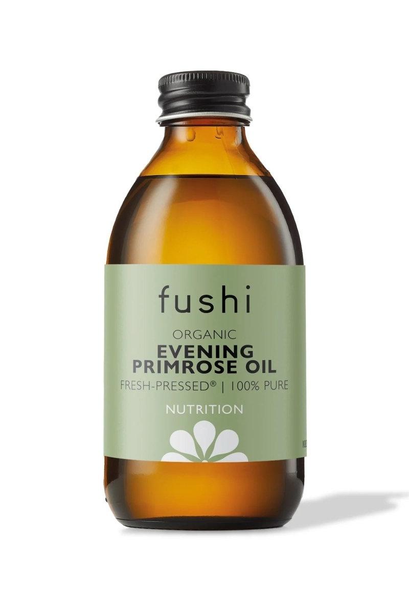 Fushi Organic Evening Primrose Oil 100ml bottle, fresh-pressed and 100% pure for women's health support.