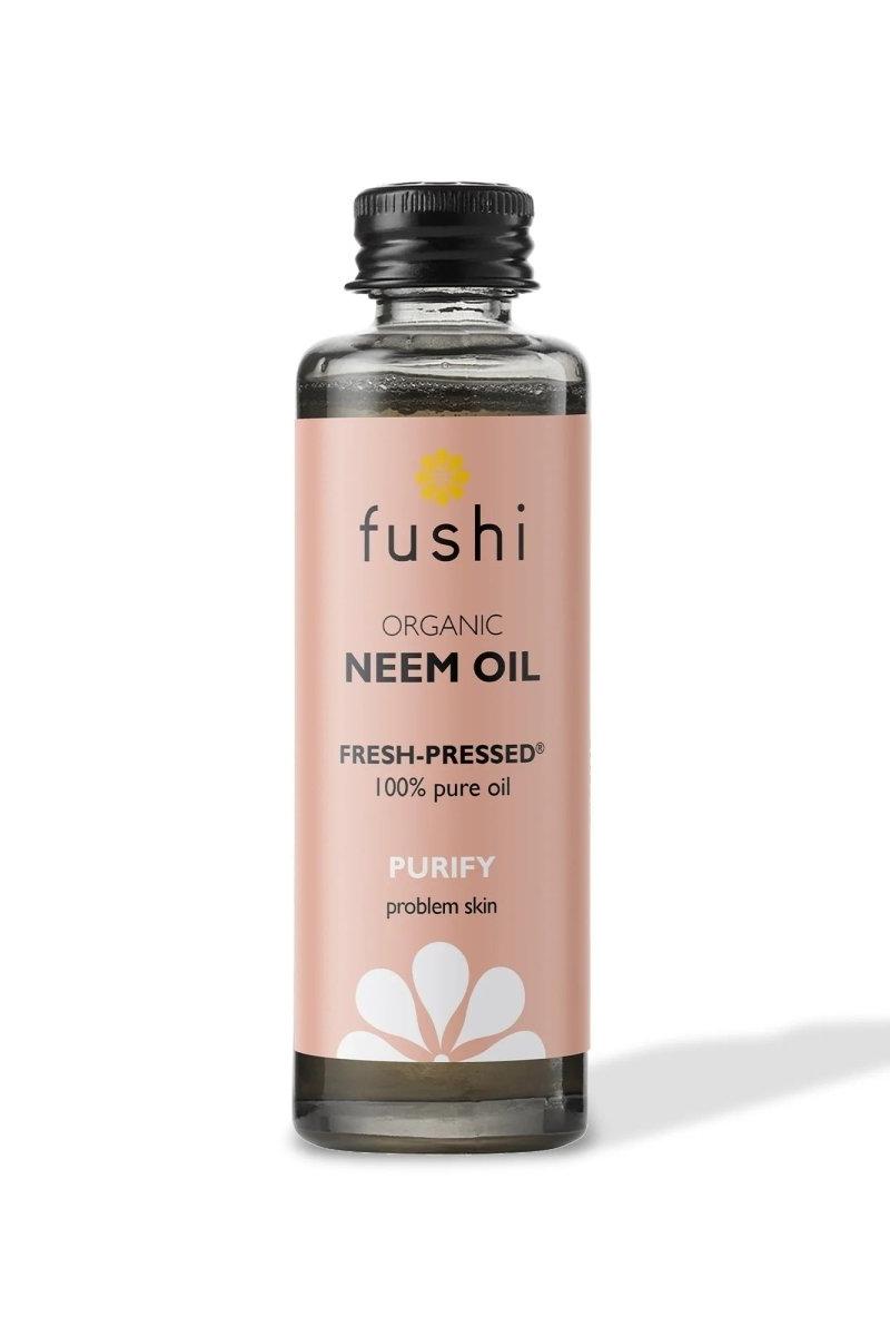 Fushi Organic Neem Oil 50ml bottle for skin and scalp health, benefits include antibacterial and anti-inflammatory properties.