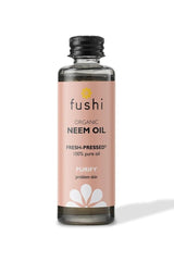 Fushi Organic Neem Oil 50ml bottle for skin and scalp health, benefits include antibacterial and anti-inflammatory properties.