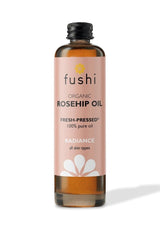 Fushi Organic Rosehip Seed Oil 100ml bottle, fresh-pressed, rich in antioxidants for radiant skin.