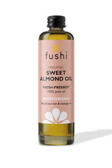 Fushi Organic Sweet Almond Oil 100ml bottle, moisturizing oil for skin and hair care, anti-aging properties.
