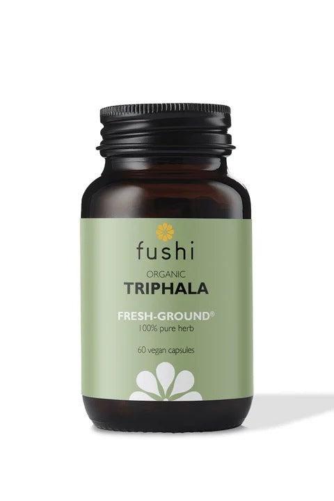 Fushi Organic Triphala 60 vegan capsules in a dark bottle, promoting natural body detox and digestive health.