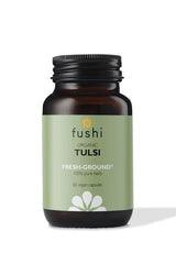 Fushi Organic Tulsi capsules in a dark container promoting health and wellness, 60 vegan capsules.