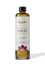 Fushi Really Good Hair Oil in a bottle, nourishing formula for dry and damaged hair with natural ingredients like Brahmi.