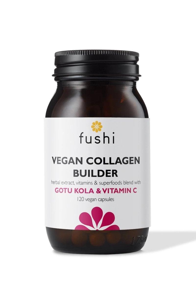 Fushi Vegan Collagen Builder supplement in a black jar with 120 vegan capsules for skin support.