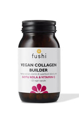 Fushi Vegan Collagen Builder supplement in a black jar with 120 vegan capsules for skin support.