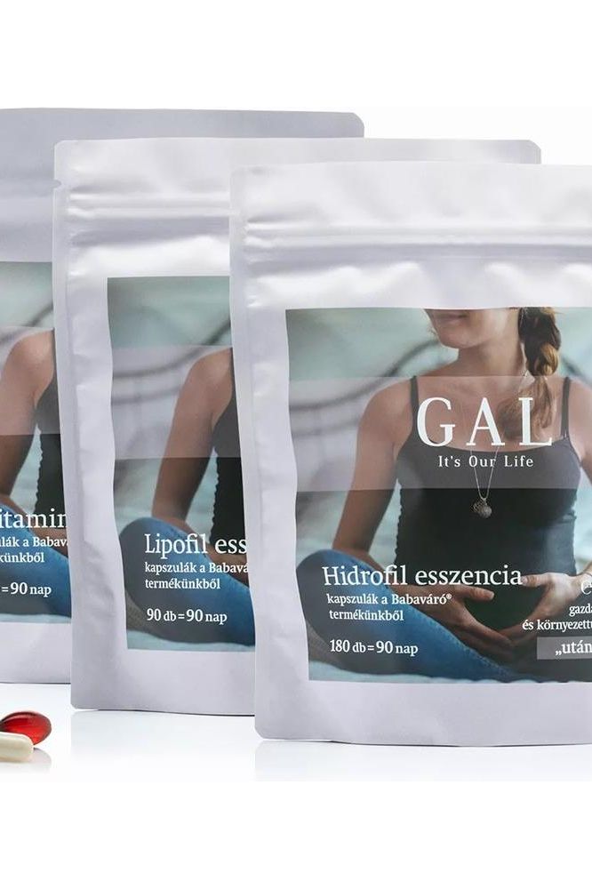Three GAL Baby Carrier supplement bags featuring Lipofil, Hidrofil, and Vitamin C capsules for pregnant and nursing women.