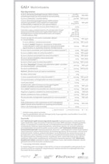 GAL+ Multivitamin nutritional information panel with ingredients and benefits for a healthy lifestyle.