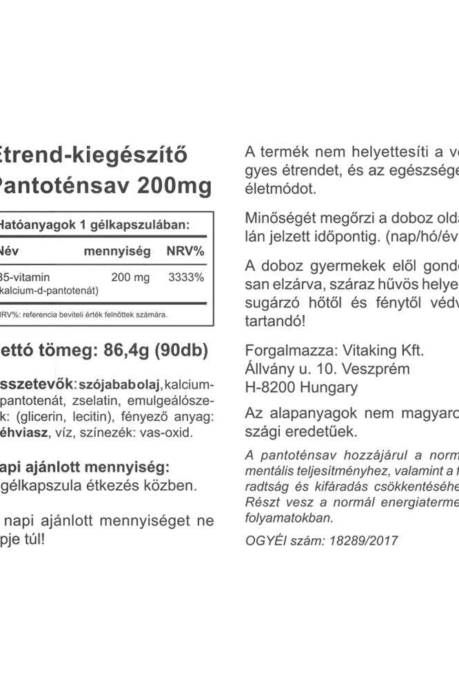 Pantothenic acid supplement label in Hungarian, detailing ingredients and nutritional information.