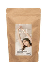 GAL Glycine powder package promoting muscle recovery, better sleep, and cognitive function in a 500g bag.