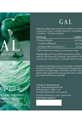 GAL K-complex 20 ml supplement label showcasing vitamins and nutrients for energy and immune support.