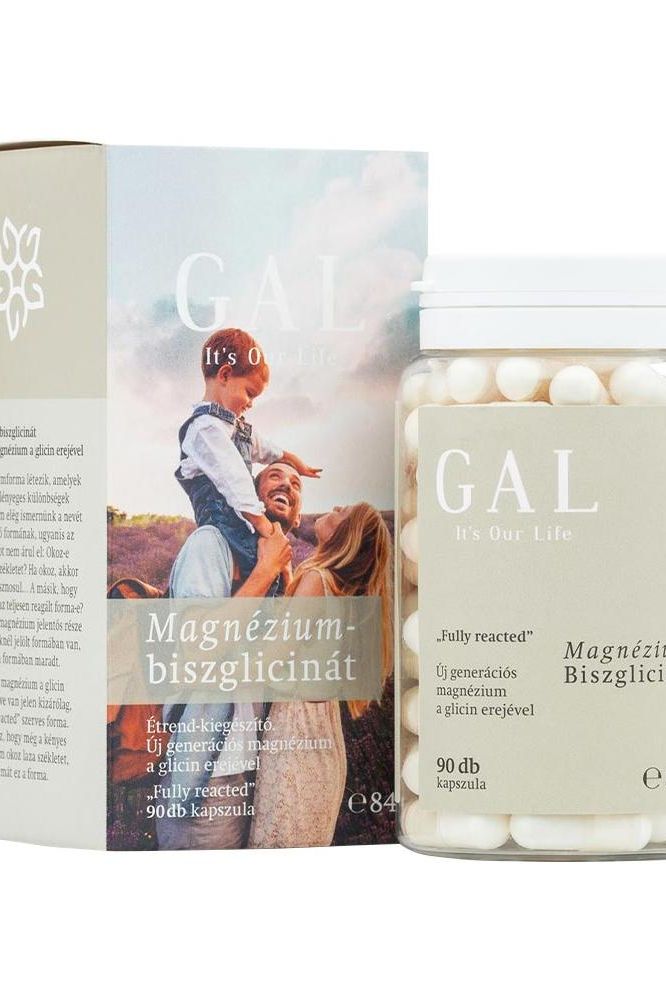 GAL Magnesium-bisglycinate supplement bottle with 90 capsules and detailed packaging.