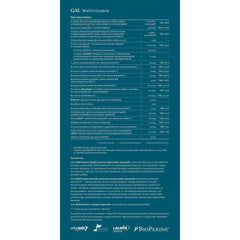 Label for GAL Multivitamin highlighting nutrients and benefits, including vitamins and minerals.