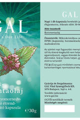 GAL Peppermint Oil 60 capsules packaging, highlighting benefits for digestion and relaxation.