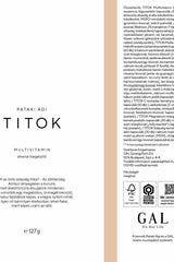 GAL TITOK Multivitamin label, 127g, featuring multivitamin benefits for immune support and energy production.