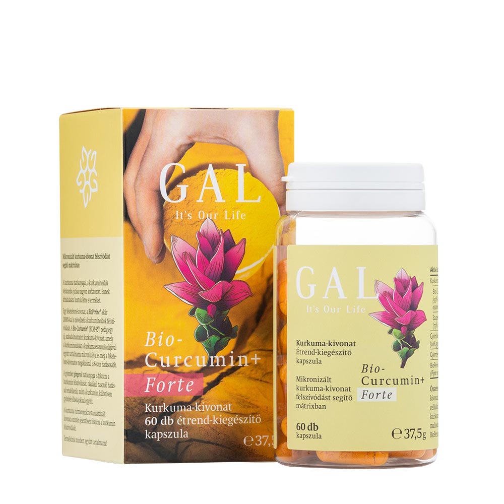 GAL Biocurcumin+ Forte product packaging and capsules for improved absorption and health benefits.