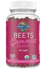 Garden of Life Beauty Beets Gummies bottle, raspberry flavor, USDA organic, promotes anti-aging and skin health.