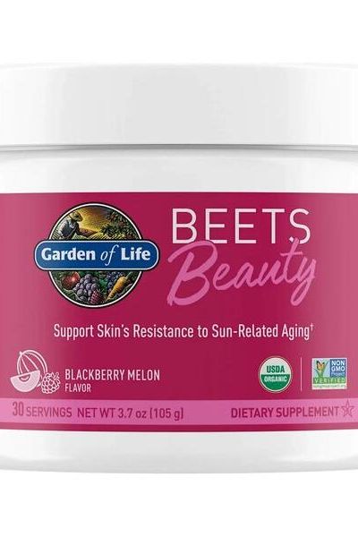 Garden of Life Beauty Beets Powder, Blackberry Melon flavor, supports skin health, USDA Organic, dietary supplement.