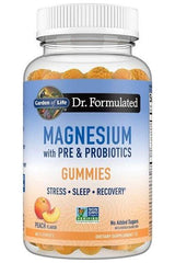 Garden of Life Dr. Formulated Magnesium Gummies with Pre & Probiotics, peach flavor, promotes stress relief and sleep.