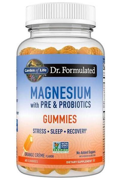 Garden of Life Dr. Formulated Magnesium Gummies with Pre & Probiotics for stress, sleep, and recovery, orange crème flavor.