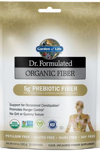Garden of Life Dr. Formulated Organic Fiber packaging featuring prebiotic fiber for digestive health and hunger control.