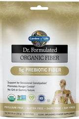 Garden of Life Dr. Formulated Organic Fiber packaging featuring prebiotic fiber for digestive health and hunger control.