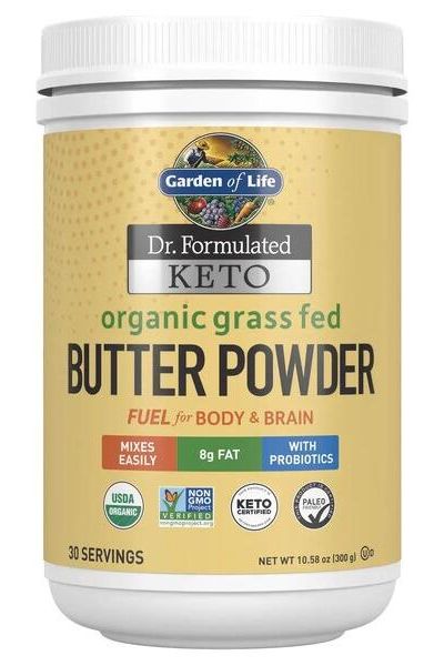 Garden of Life Dr. Formulated Organic Grass Fed Butter Powder in container, keto-friendly, 30 servings.