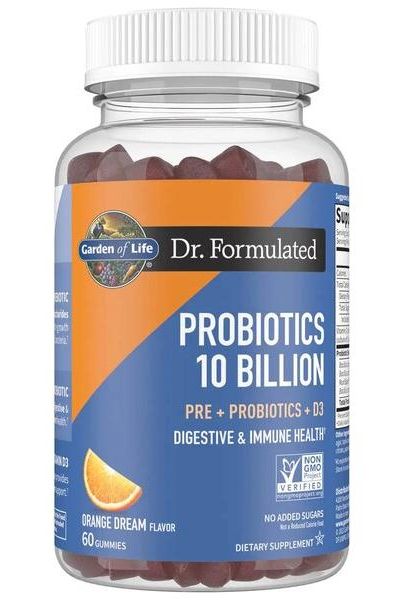 Garden of Life Dr. Formulated Probiotics 10 Billion gummy supplement bottle for digestive and immune health.