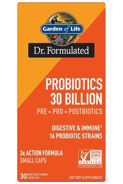 Garden of Life Dr. Formulated Probiotics 30 Billion, 30 small vegetarian capsules for digestive health support.