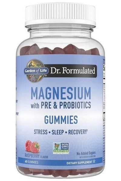 Garden of Life Dr. Formulated Magnesium Gummies with Pre & Probiotics for stress and sleep support, raspberry flavor.