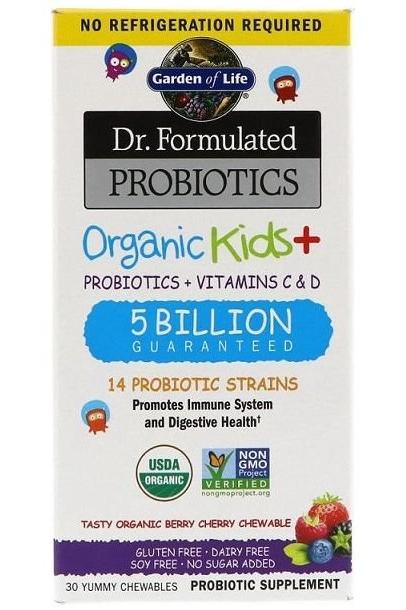 Garden of Life Dr. Formulated Probiotics Organic Kids+ box, featuring 14 probiotic strains and immune support benefits.
