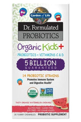Garden of Life Dr. Formulated Probiotics Organic Kids+ box featuring 5 billion CFU, 14 strains, and watermelon flavor.